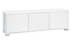 Kuvassa on 144 cm leveä kokovalkoinen Kivi-sarjan tv-taso hopeanvärisillä muovijaloilla.