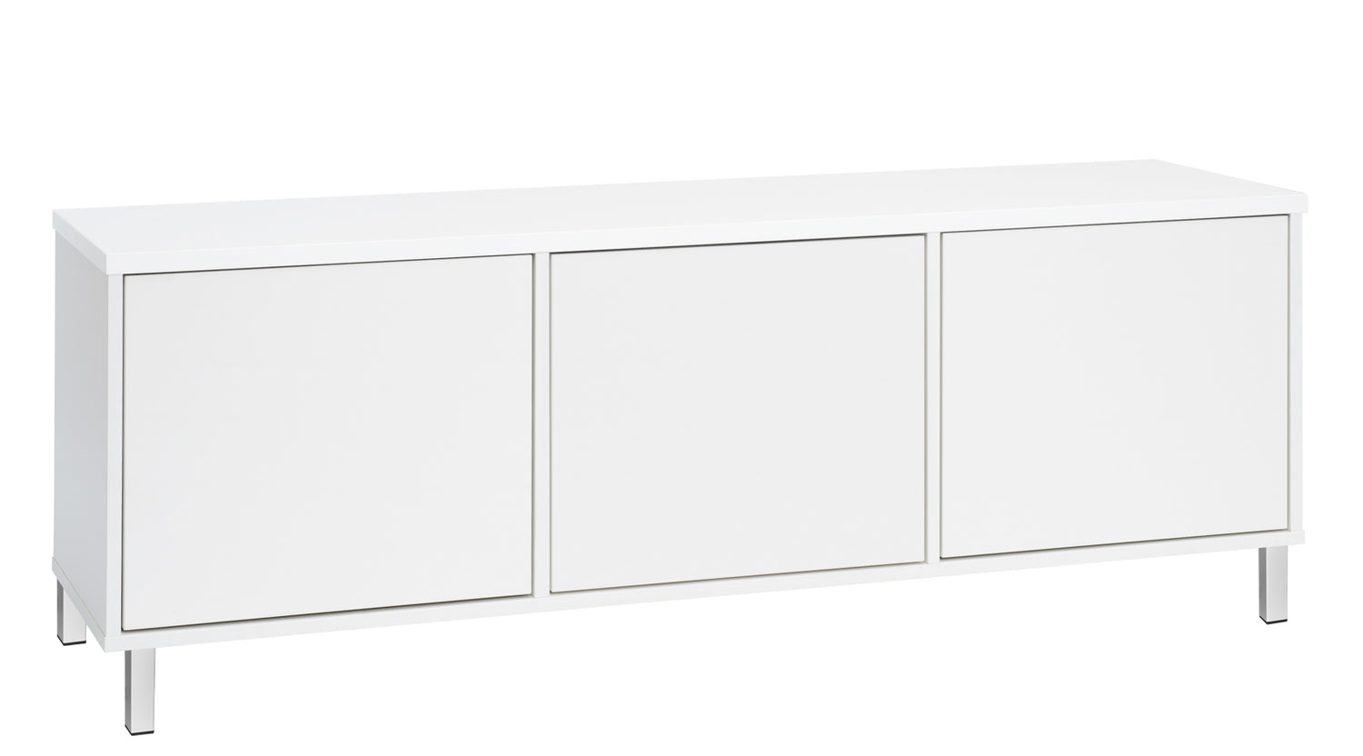 Kuvassa on 144 cm leveä kokovalkoinen Kivi-sarjan tv-taso valkoisilla metalijaloilla.