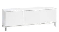 Kuvassa on 144 cm leveä kokovalkoinen Kivi-sarjan tv-taso valkoisilla metalijaloilla.