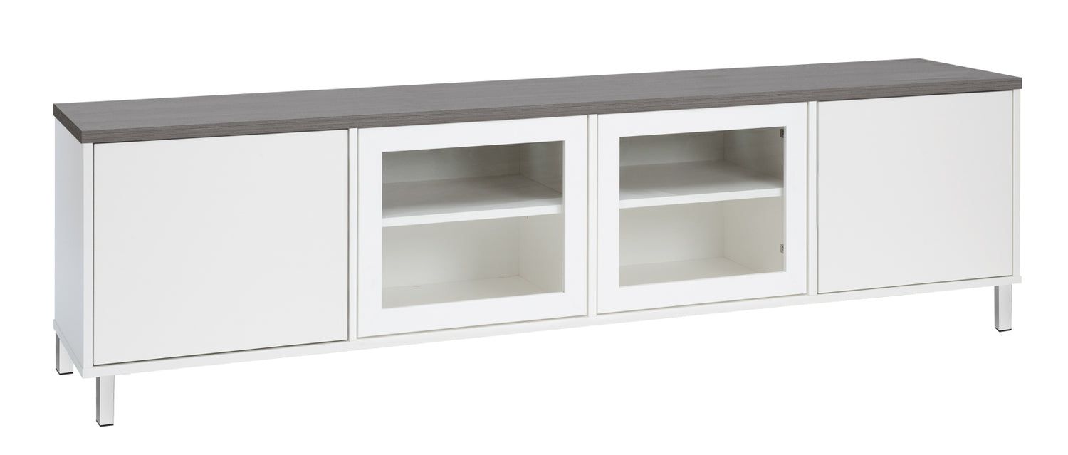 Kuvassa on 192 cm leveä valkoinen Kivi-sarjan tv-taso, jonka kannen väri on antrasiitti ja metallijalat ovat valkoiset.