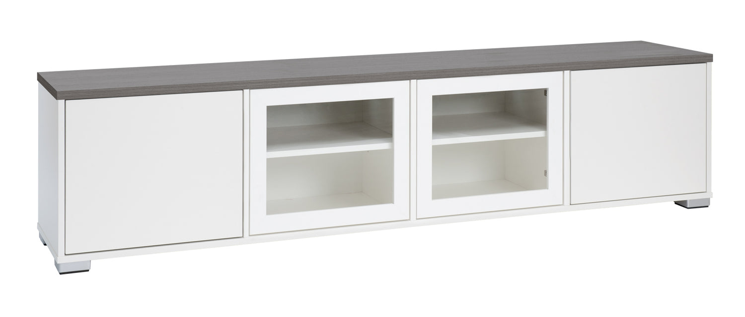 Kuvassa on 192 cm leveä valkoinen Kivi-sarjan tv-taso, jonka kannen väri on antrasiitti ja muovijalat ovat hopeanväriset.