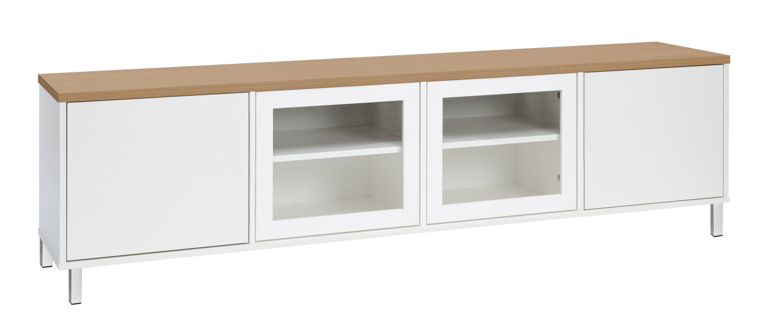 Kuvassa on 192 cm leveä valkoinen Kivi-sarjan tv-taso tammenvärisellä kannella ja valkoisilla metallijaloilla.