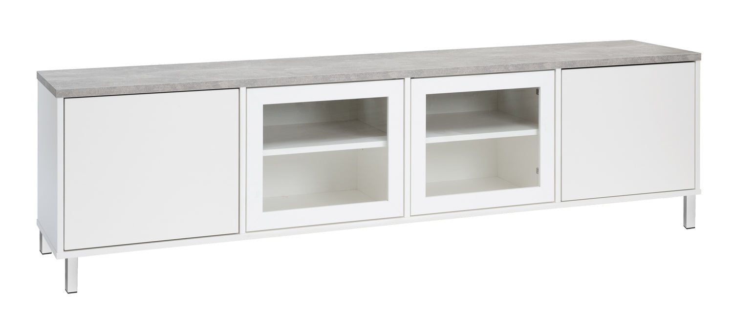 Kuvassa on 192 cm leveä valkoinen Kivi-sarjan tv-taso harmaalla betonijäljitelmän sävyisellä kannella ja valkoisilla metallijaloilla.
