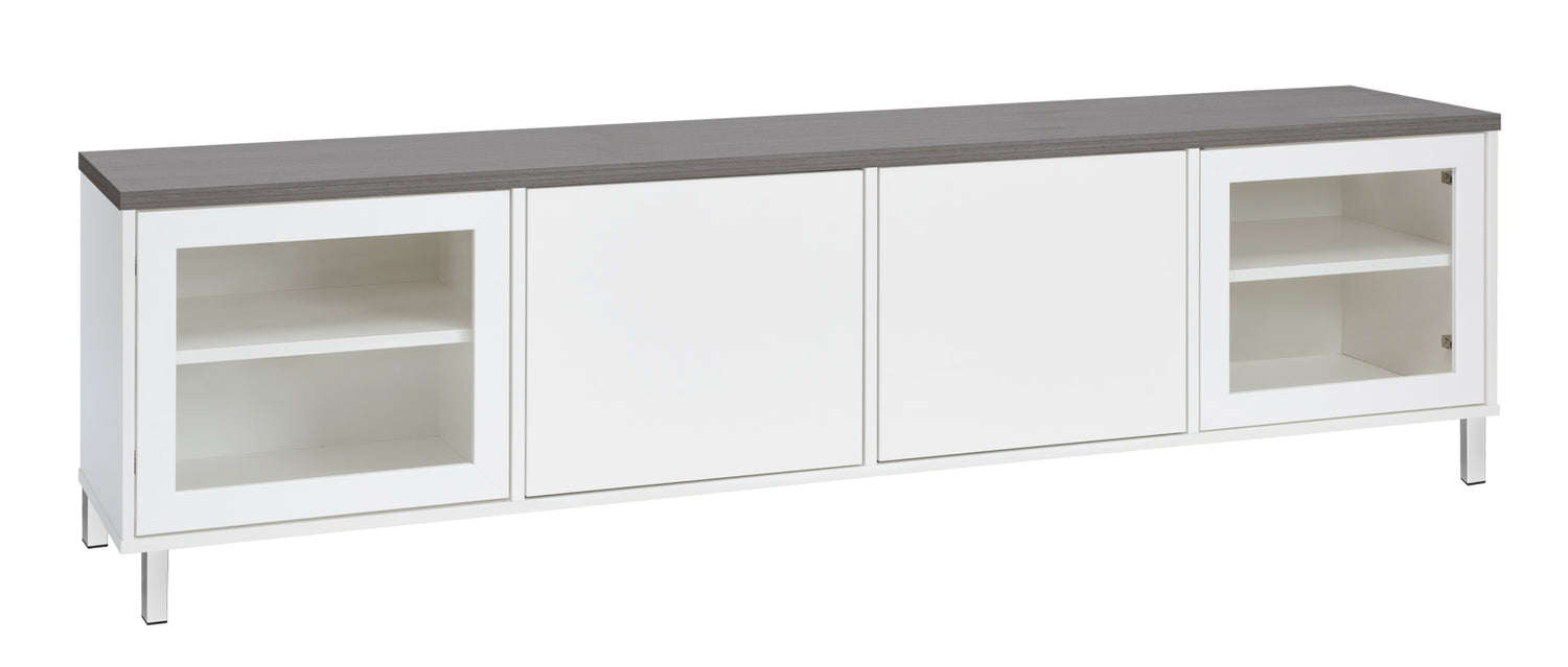 Kuvassa on 192 cm leveä valkoinen Kivi-sarjan tv-taso, jonka kannen väri on antrasiitti ja metallijalat ovat valkoiset.