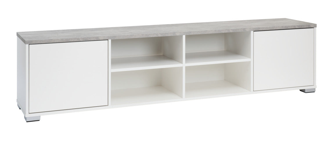 Kuvassa on 192 cm leveä valkoinen Kivi-sarjan tv-taso harmaalla betonijäljitelmän sävyisellä kannella ja hopeanvärisillä muovijaloilla.