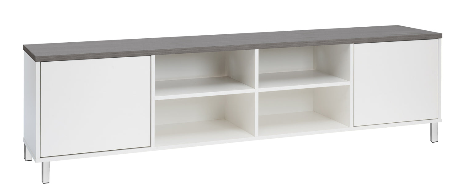 Kuvassa on 192 cm leveä valkoinen Kivi-sarjan tv-taso, jonka kannen väri on antrasiitti ja metallijalat ovat valkoiset.