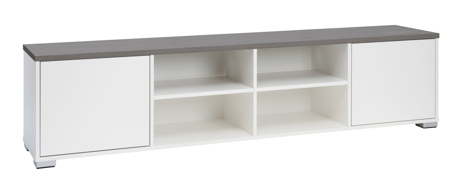 Kuvassa on 192 cm leveä valkoinen Kivi-sarjan tv-taso, jonka kannen väri on antrasiitti ja muovijalat ovat hopeanväriset.