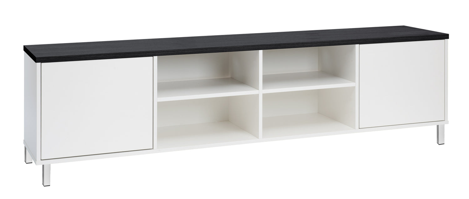 Kuvassa on 192 cm leveä valkoinen Kivi-sarjan tv-taso mustalla kannella ja valkoisilla metallijaloilla.