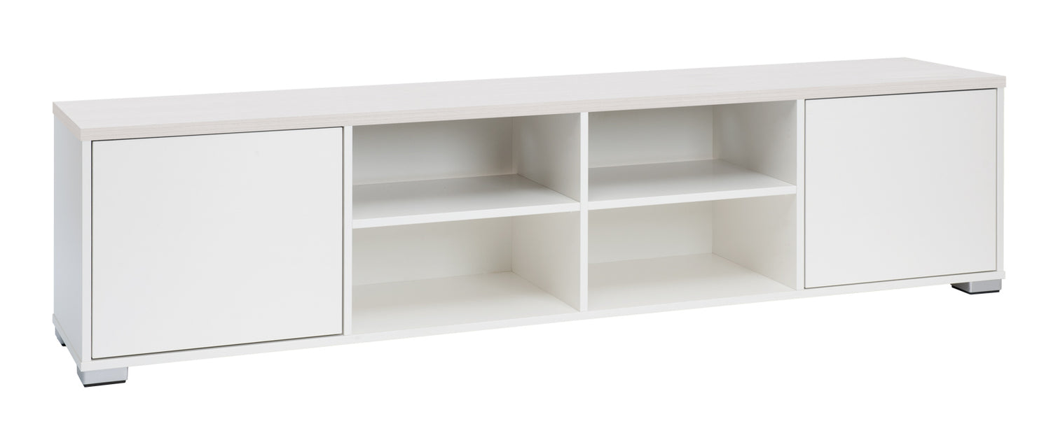 Kuvassa on 192 cm leveä valkoinen Kivi-sarjan tv-taso, jonka kannen väri on valkosaarni ja muovijalat ovat hopeanväriset.