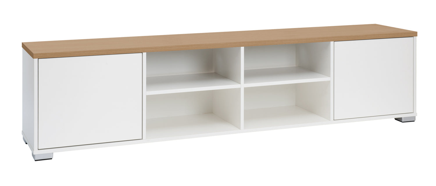 Kuvassa on 192 cm leveä valkoinen Kivi-sarjan tv-taso tammenvärisellä kannella ja hopeanvärisillä muovijaloilla.