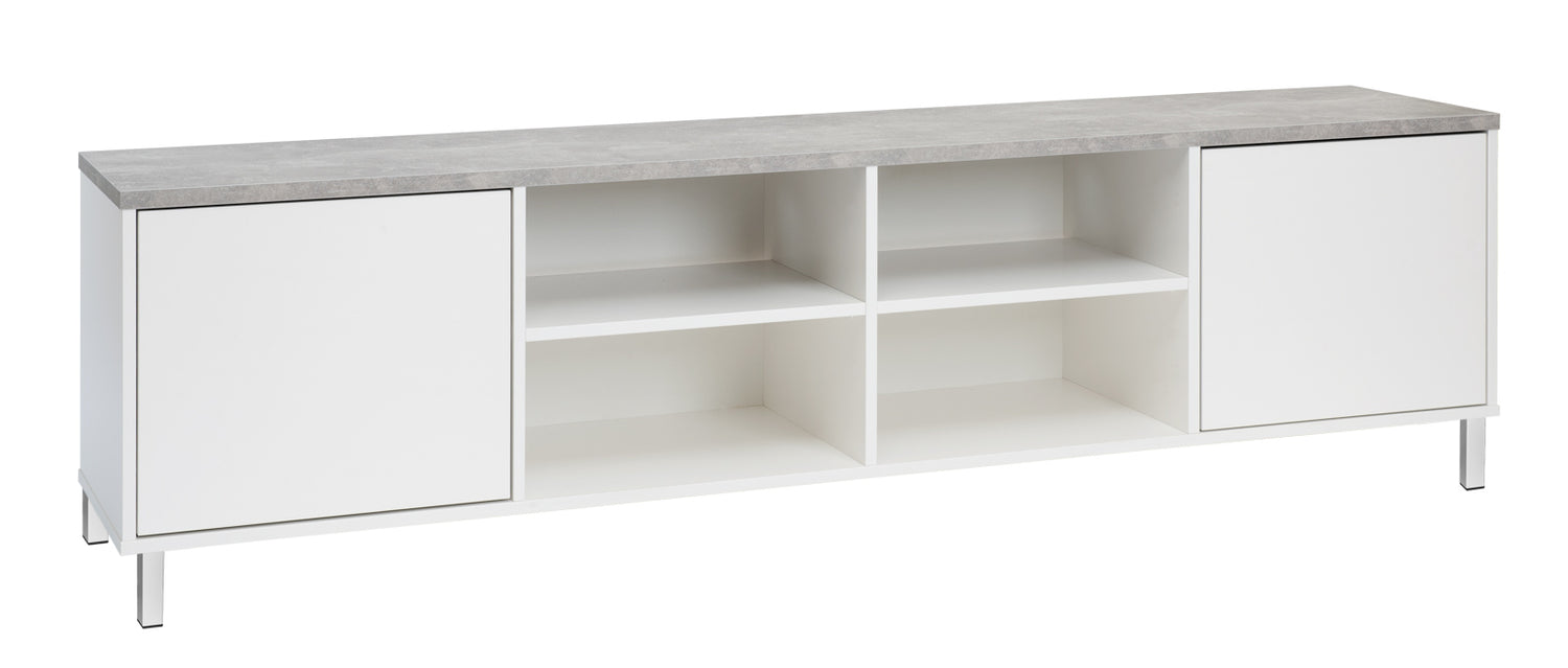Kuvassa on 192 cm leveä valkoinen Kivi-sarjan tv-taso harmaalla betonijäljitelmän sävyisellä kannella ja valkoisilla metallijaloilla.