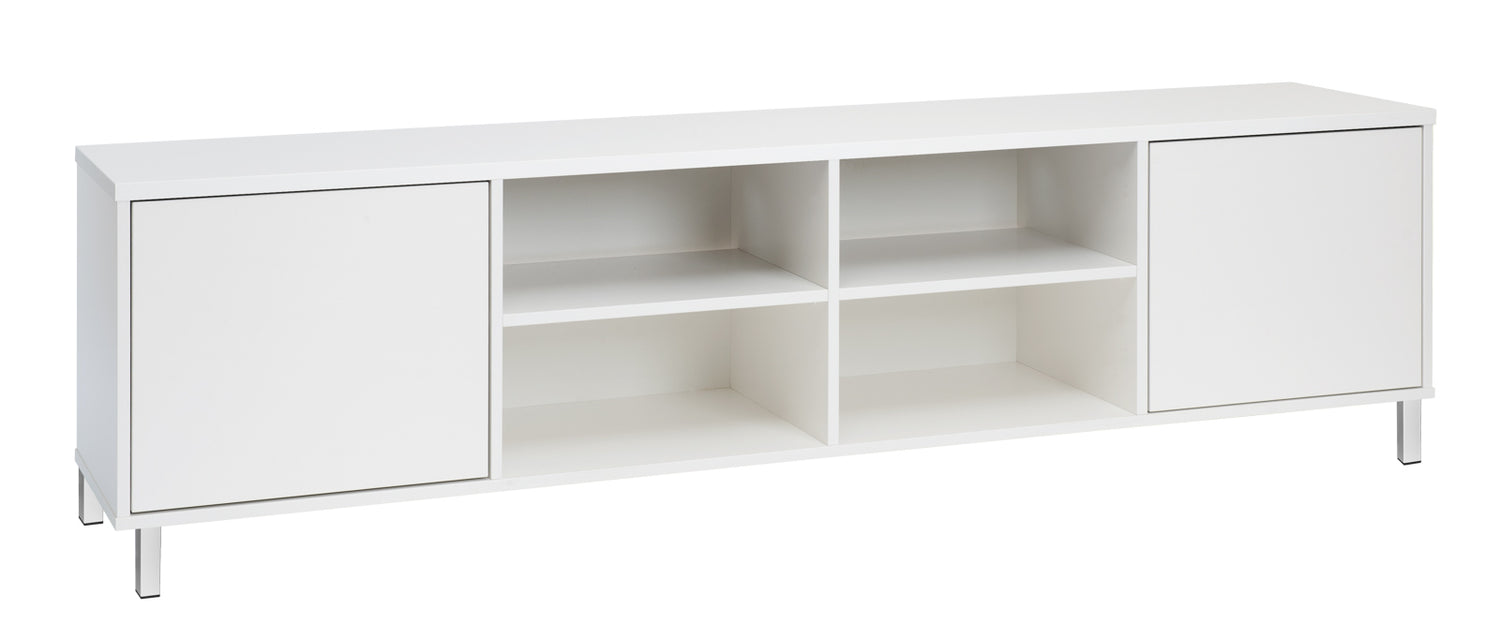 Kuvassa on 192 cm leveä kokovalkoinen Kivi-sarjan tv-taso valkoisilla metallijaloilla.