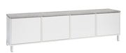 Kuvassa on 192 cm leveä valkoinen Kivi-sarjan tv-taso harmaalla betonijäljitelmän sävyisellä kannella ja valkoisilla metallijaloilla.