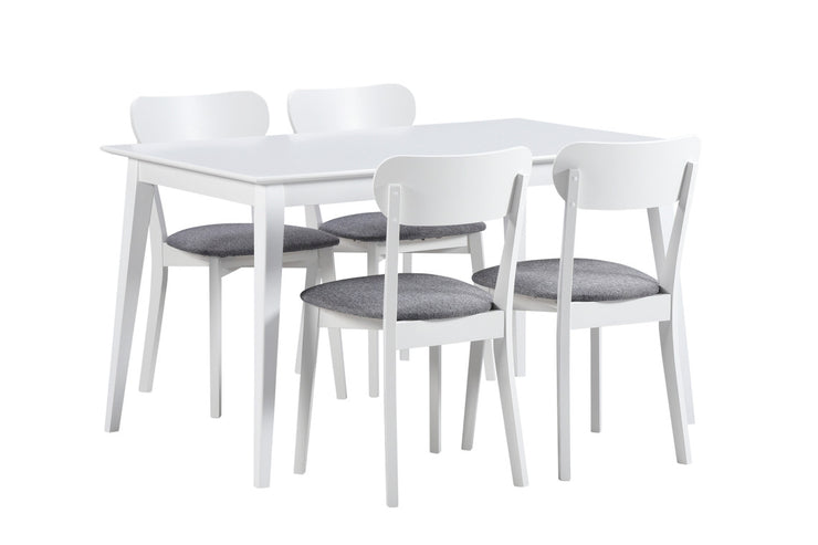 Valkoinen Laine-pöytä 130 x 80 cm ja 4 Laine-tuolia harmaalla istuinverhoilulla.