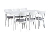 Valkoinen Laine-pöytä 170 x 90 cm ja 6 Laine-tuolia harmaalla istuinverhoilulla.
