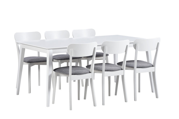 Valkoinen Laine-pöytä 170 x 90 cm ja 6 Laine-tuolia harmaalla istuinverhoilulla.