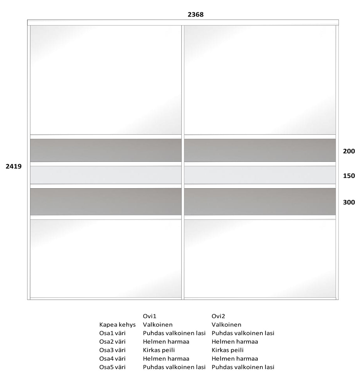 Tässä esimerkkikomerossa on puhtaanvalkoiset lasiovet kapeilla valkoisilla kapeilla. Ovien keskiosassa on peiliraita ja sen molemmin puolin helmenharmaat raidat.