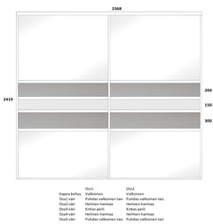 Tässä esimerkkikomerossa on puhtaanvalkoiset lasiovet kapeilla valkoisilla kapeilla. Ovien keskiosassa on peiliraita ja sen molemmin puolin helmenharmaat raidat.