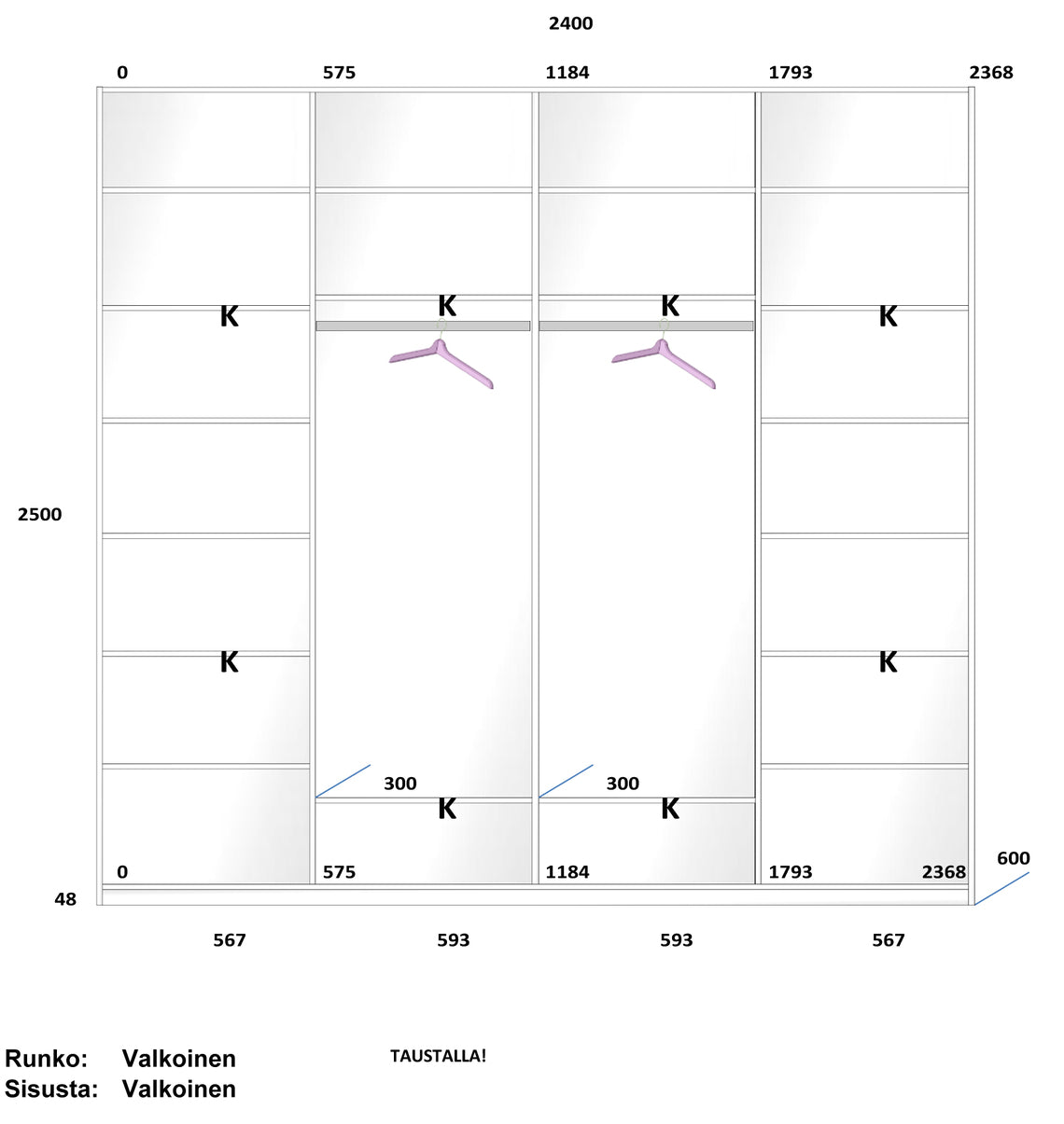 Tämän esimerkkikomeron sisustaan kuuluvat kuvan mukaiset varusteet. Komeron rungon ja sisustan väri on valkoinen.