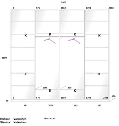 Tämän esimerkkikomeron sisustaan kuuluvat kuvan mukaiset varusteet. Komeron rungon ja sisustan väri on valkoinen.