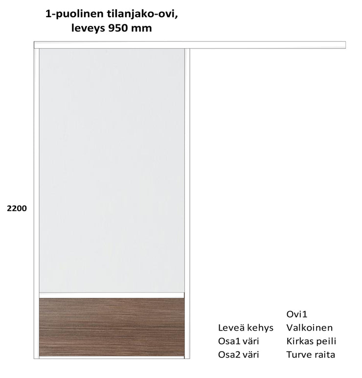 Tämä esimerkkiliukuovi on 1-puolinen tilanjako-ovi kirkkaalla peilillä ja leveällä valkoisella kehyksellä. Oven alaosassa on eläväpintainen turpeen värinen levy.