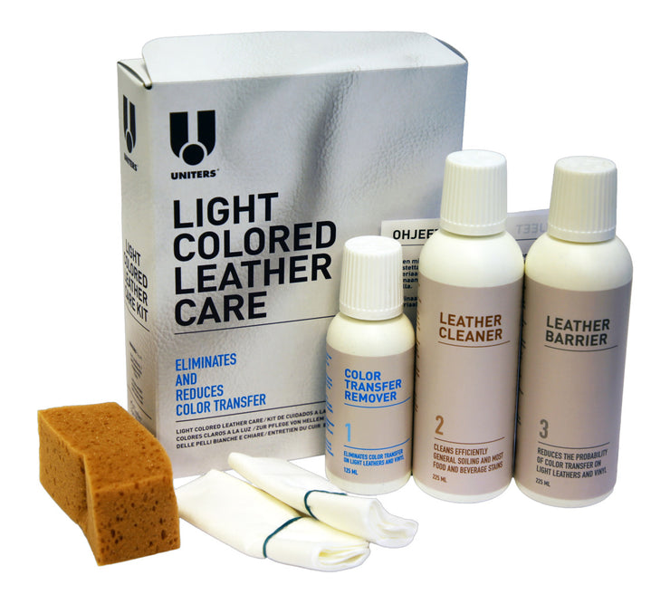 Light Colored Leather Care on erityisesti vaaleille nahoille tarkoitettu nahanhoitosetti. Paketti sisältää värin ja lian irrotusaineen, puhdistusaineen, suoja-aineen, sekä tarvittavat välineet.