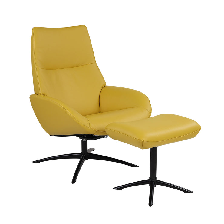 Kebe Lotus -nojatuoli keltaisella Balder-nahkaverhoilulla ja mustalla Sub 4 -jalalla. Nojatuoli on saatavana myös settinä rahin kanssa verkkokaupasta ja Stemma-myymälöistä.