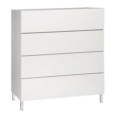 Kuvassa on 92 cm leveä korkeakiiltovalkoinen Lumo-lipasto valkoisilla metallijaloilla. Sarjan tuotteissa on valkoinen lasikansi.