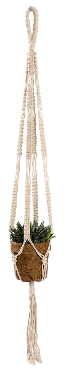 Makrame-amppeli luonnonvalkoisena.