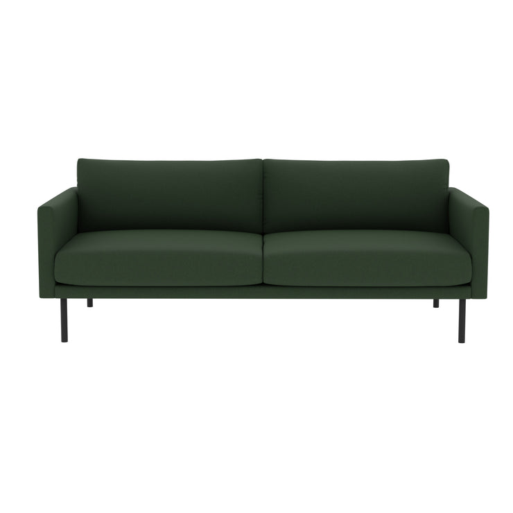 3-istuttava Malmö-sohva tummanvihreällä Modena 37-kankaalla verhoiltuna. Sohvassa on mustat 21 cm korkeat metallijalat.