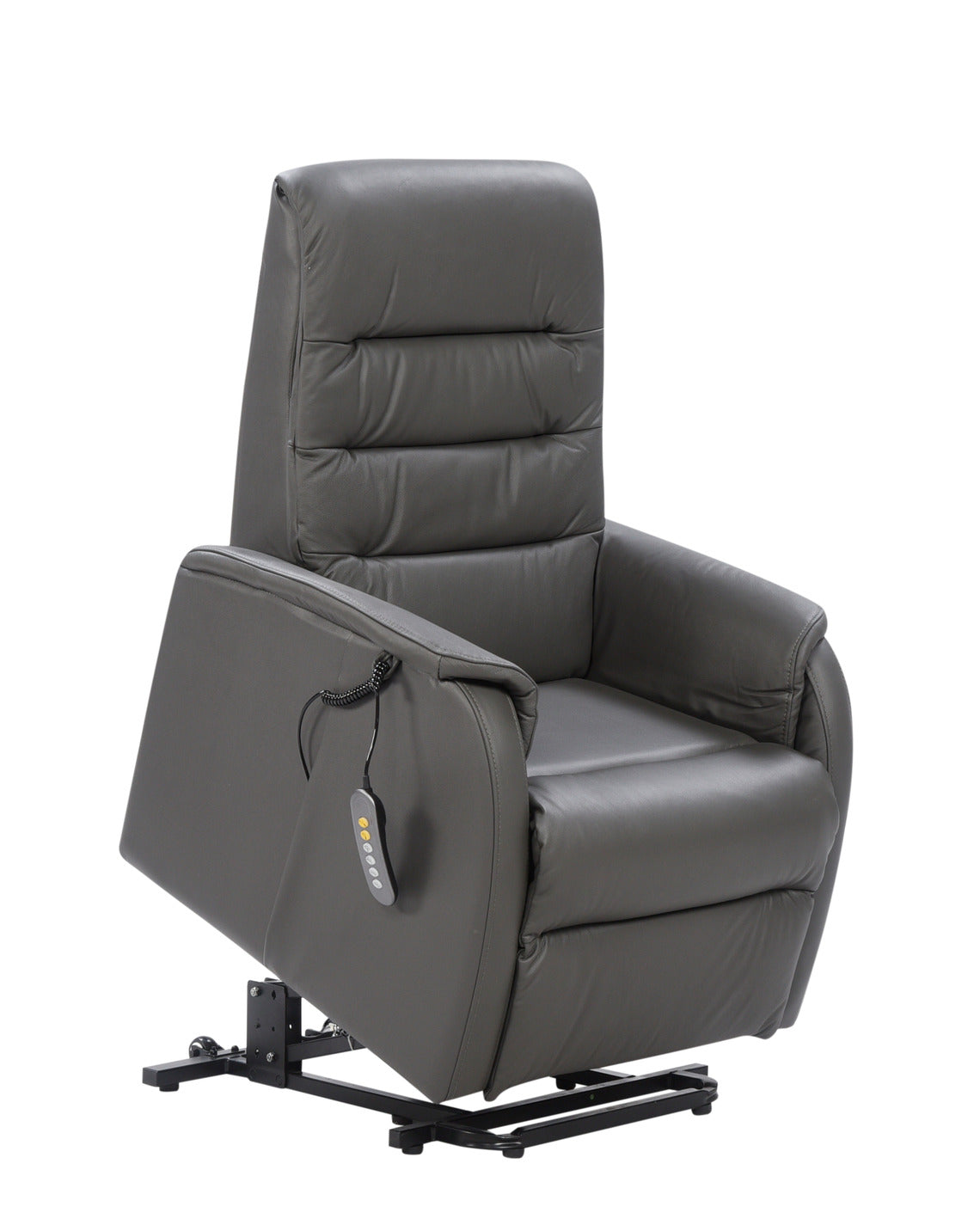 Matilda-seniorituolin nousuavustin helpottaa tuolille istumista ja siitä nousemista. Kuvan tuolissa harmaa nahkaverhoilu.