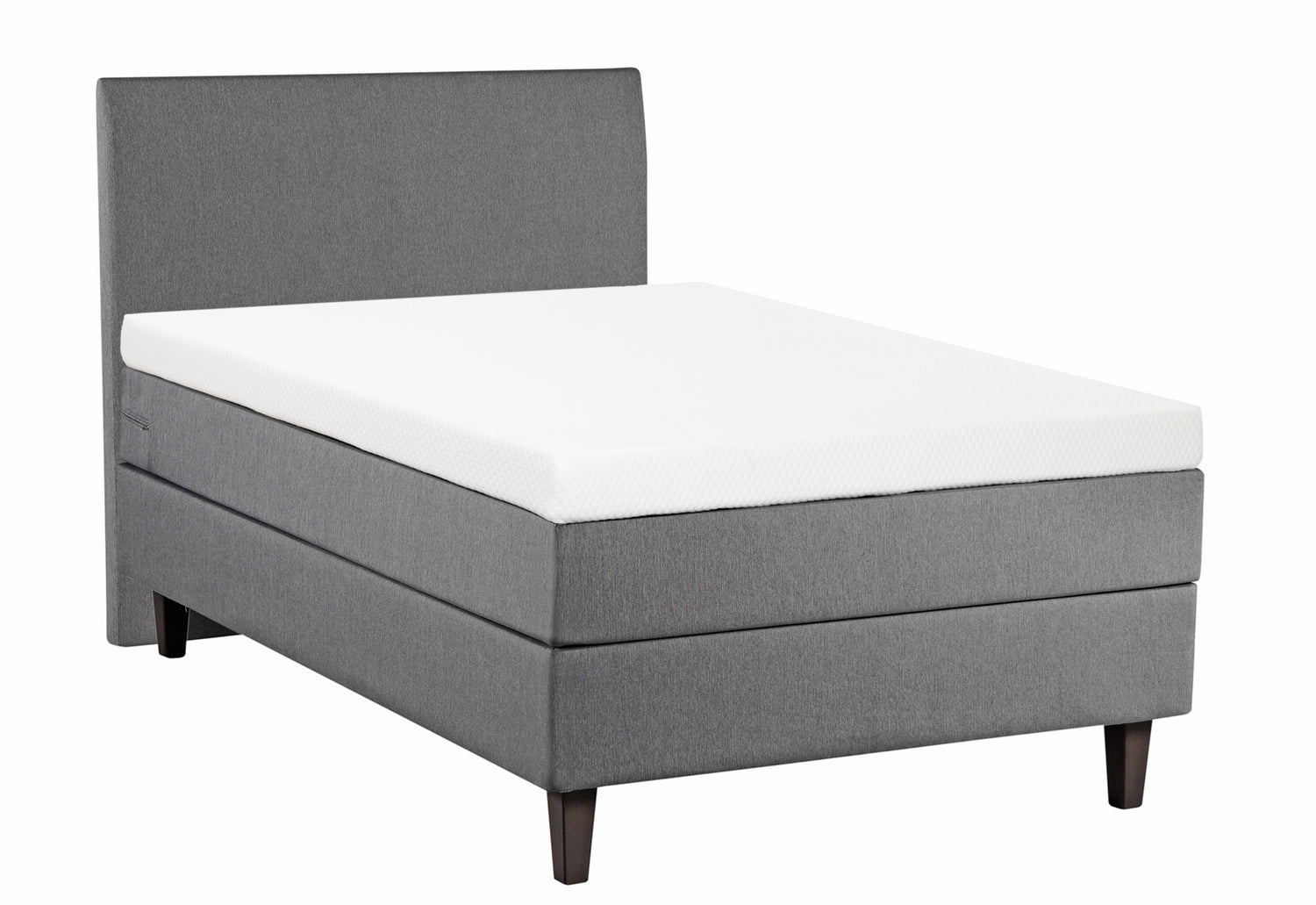 Tummanharmaa Meri Ergo -jenkkisänky 120 x 200 cm  ja viskoelastisella Meri Ergo XL -sijauspatjalla ja wengen värisillä Royal-tammijaloilla. Kuvan sileä Aalto-sängynpääty myydään erikseen.