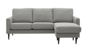 Mila-divaanisohva, kulmadivaani oikealla. Kuvan sohva on harmaalla Coria 87 -kankaalla, sekä wengen värisillä pyöreäkartionmallisilla jaloilla.