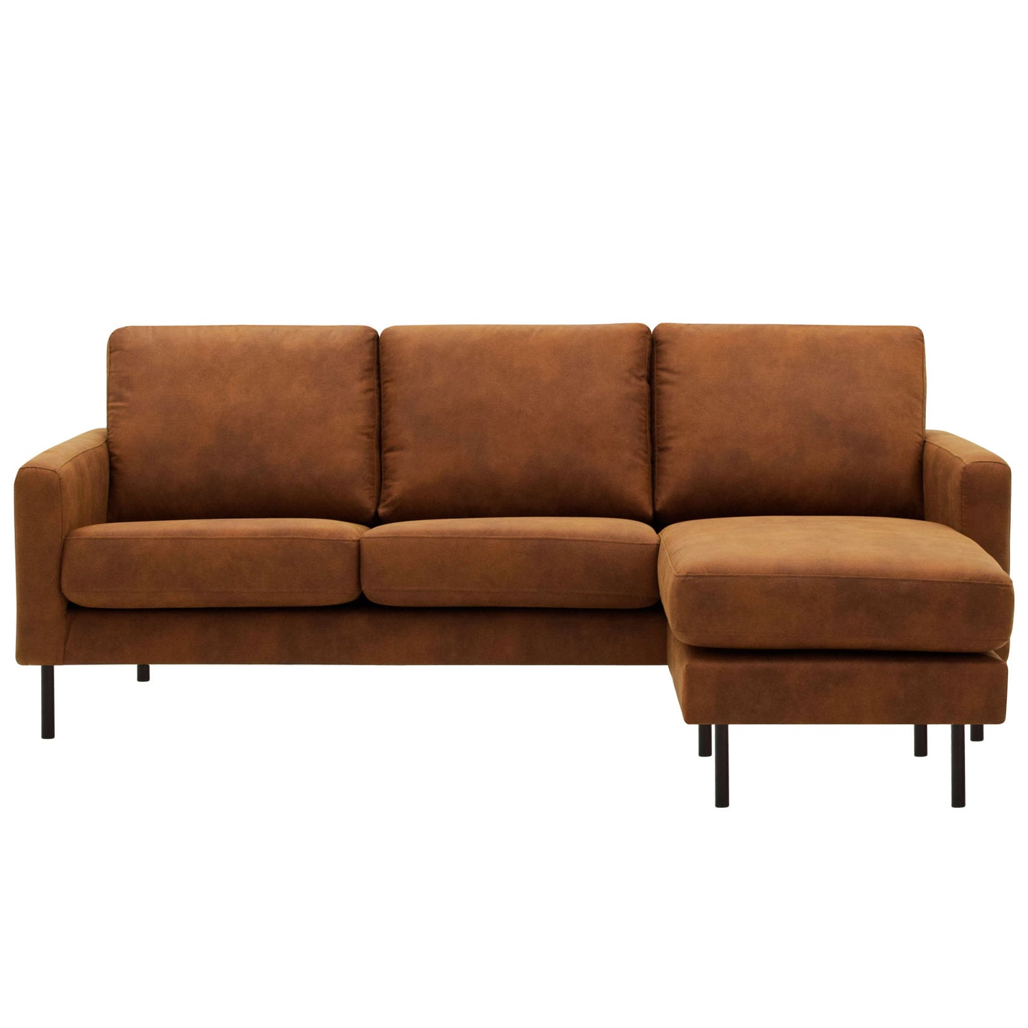 Kolmen istuttava Mila-divaanisohva oikeanpuoleisella divaanilla(kätisyys vaihdettavissa). Sohva on verhoiltu ruskealla Texas-kankaalla ja siinä on metalliset ohuet mustat pyöreät tolppajalat.