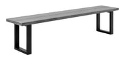 Venla-penkki 200 cm harmaalla mäntyistuimella ja suorilla mustilla metallijaloilla.
