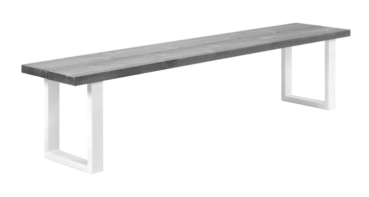 Venla-penkki 200 cm harmaalla mäntyistuimella ja suorilla valkoisilla metallijaloilla.