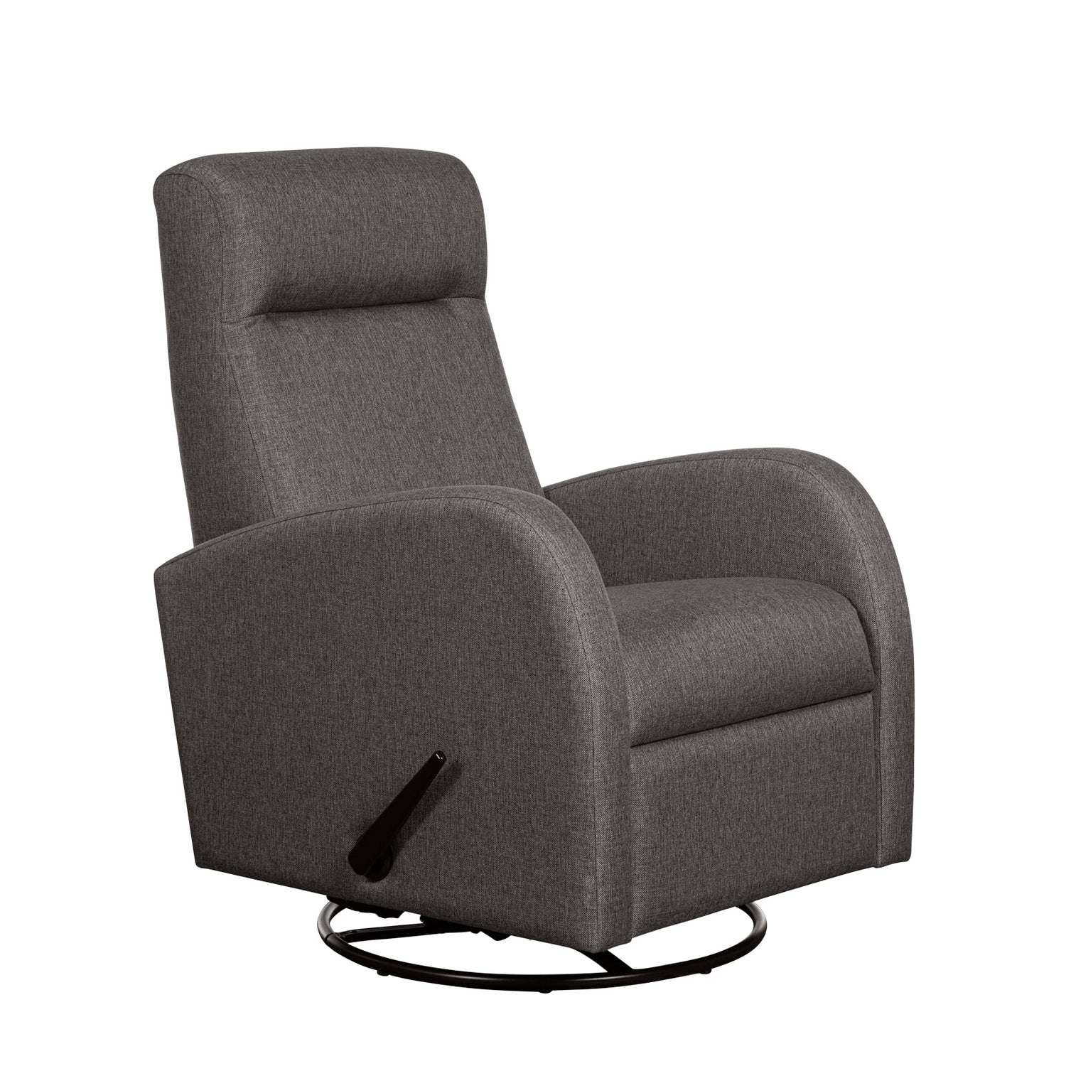 Nauvo 3 -recliner-tuoli tummanharmaalla Suma 7 -verhoilukankaalla. Nauvo 3 -mekanismituoli on malliltaan siro ja kapea recliner, jonka toimintoja säädetään kuvassa näkyvästä muovisesta kahvasta.
