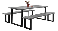 Venla-lankkupöytä 200 x 90 cm ja kaksi 200 cm Venla-penkkiä harmaalla kansivärillä ja suorilla mustilla metallijaloilla.