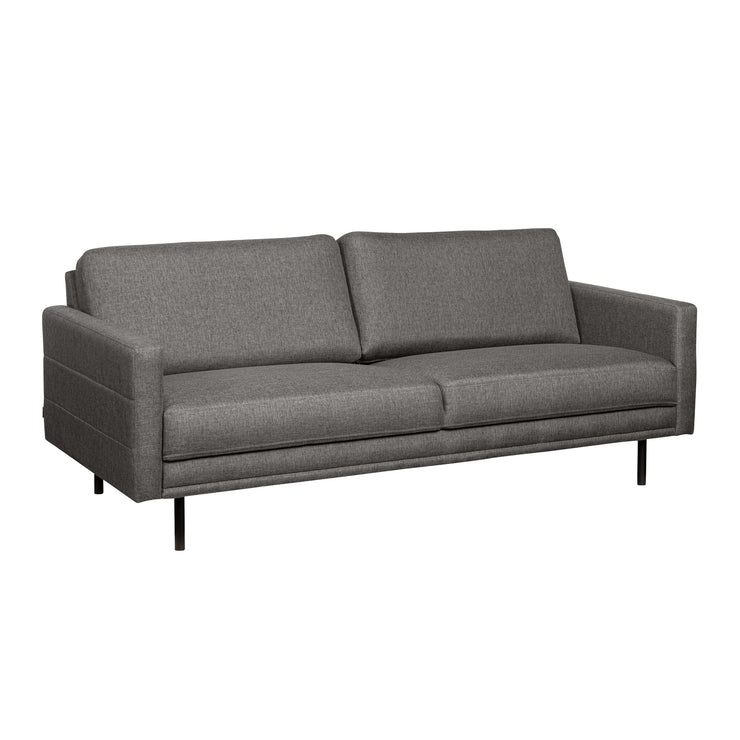 Nauvo-sohva tummanharmaalla Suma 7 -kangasverhoilulla ja mustilla metallijaloilla. Sohvan käsinojien sivuilla on raitaompeleet.