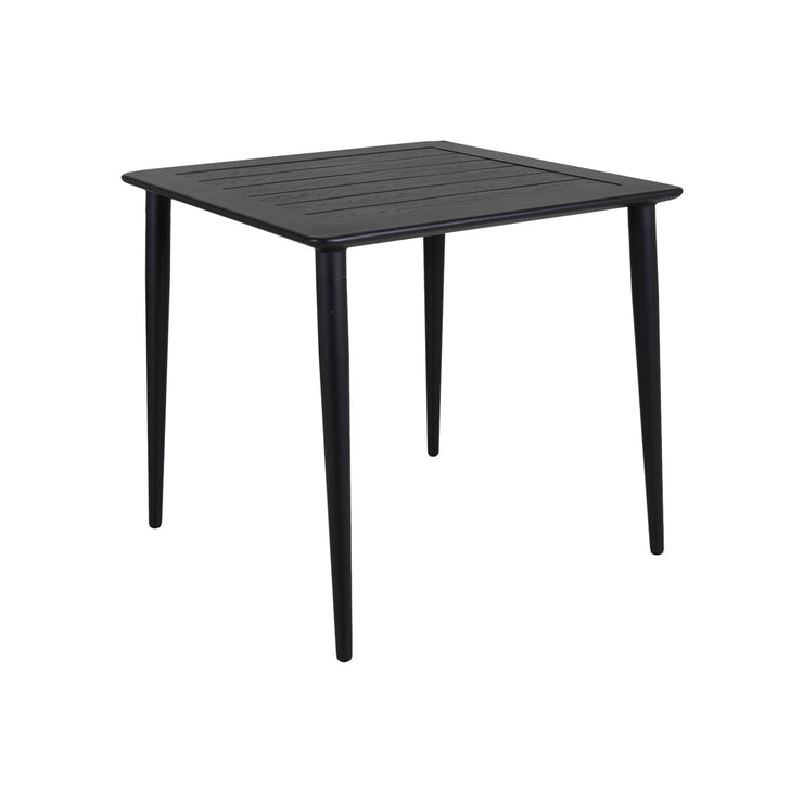 Musta Nimes-ruokapöytä 78 x 78 cm. Pöydän kansi koostuu puujäljitelmäkuvioidusta lankkutasosta, jossa on käytetty äänenvaimennustekniikkaa.