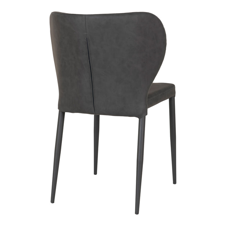Tummanharmaa Pisa-tuoli. PU-keinonakaverhoillun tuolin selkänojan taus on sileä ja tuolissa on mustat metallijalat.