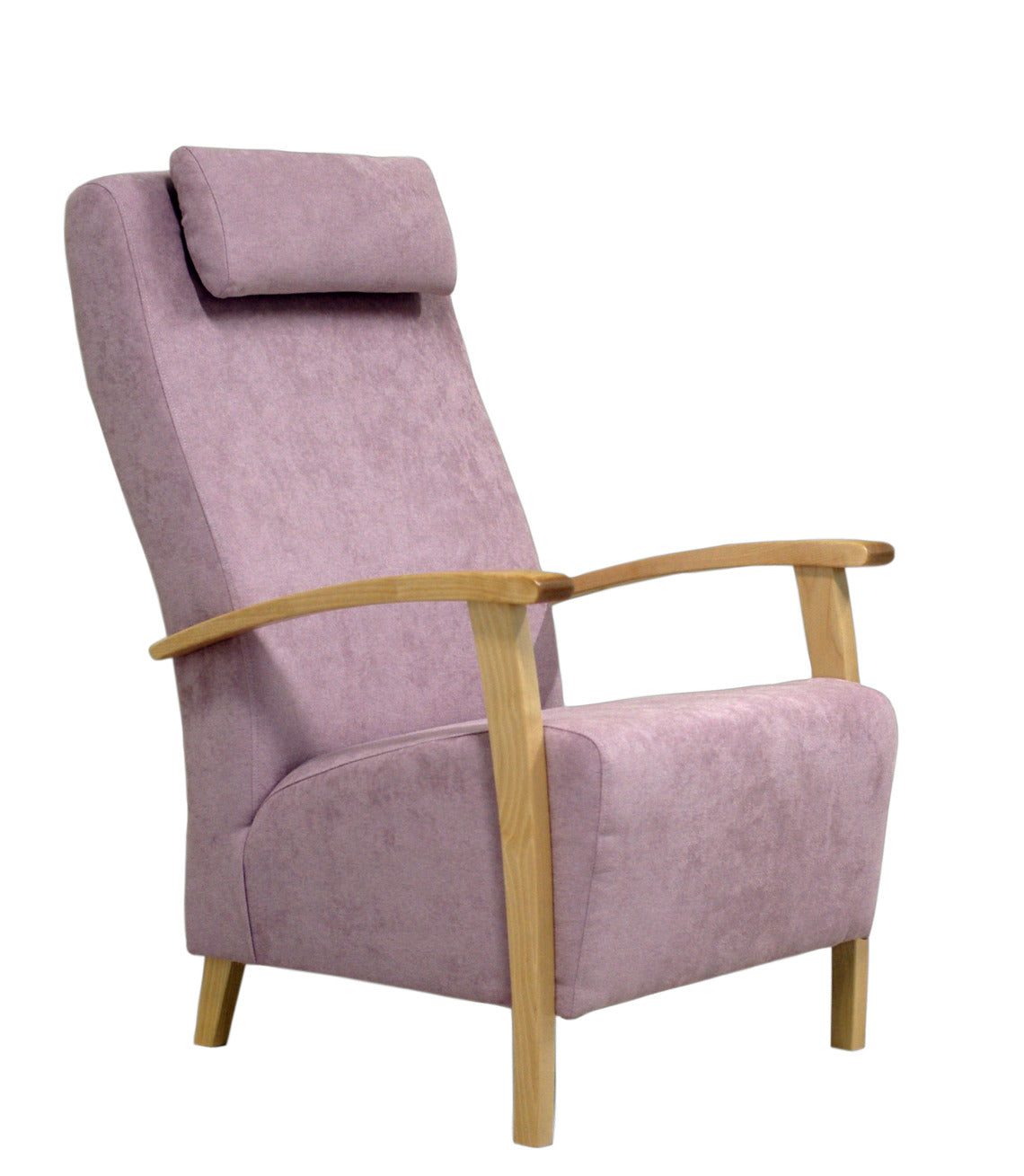 Polo-lepotuoli roosanvärisellä Soro 61-verhoilukankaalla ja luonnonvärisillä koivupuuosilla.