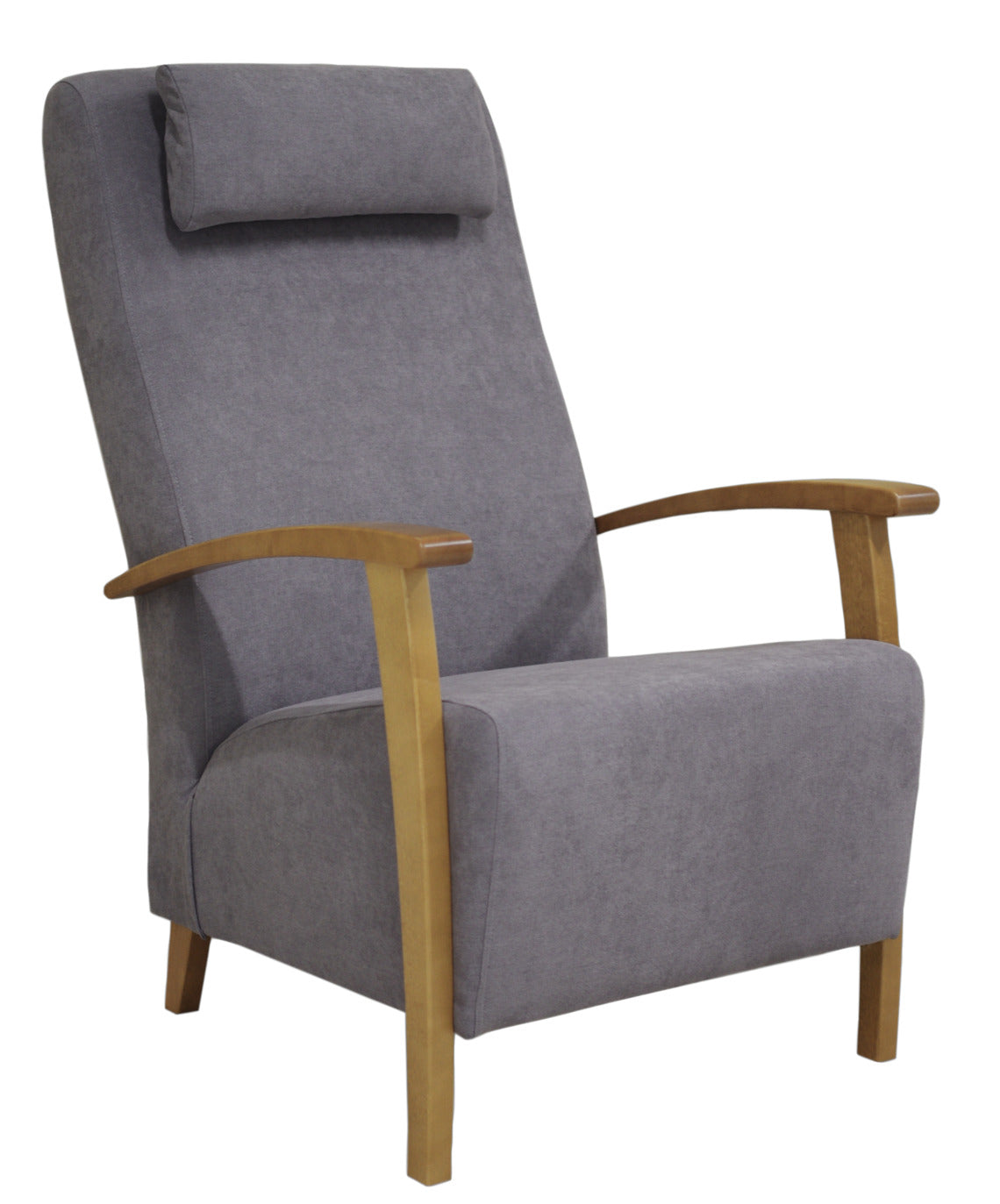 Polo-lepotuoli harmaalla Soro 90-verhoilukankaalla ja öljytyn tammenvärisillä puuosilla.