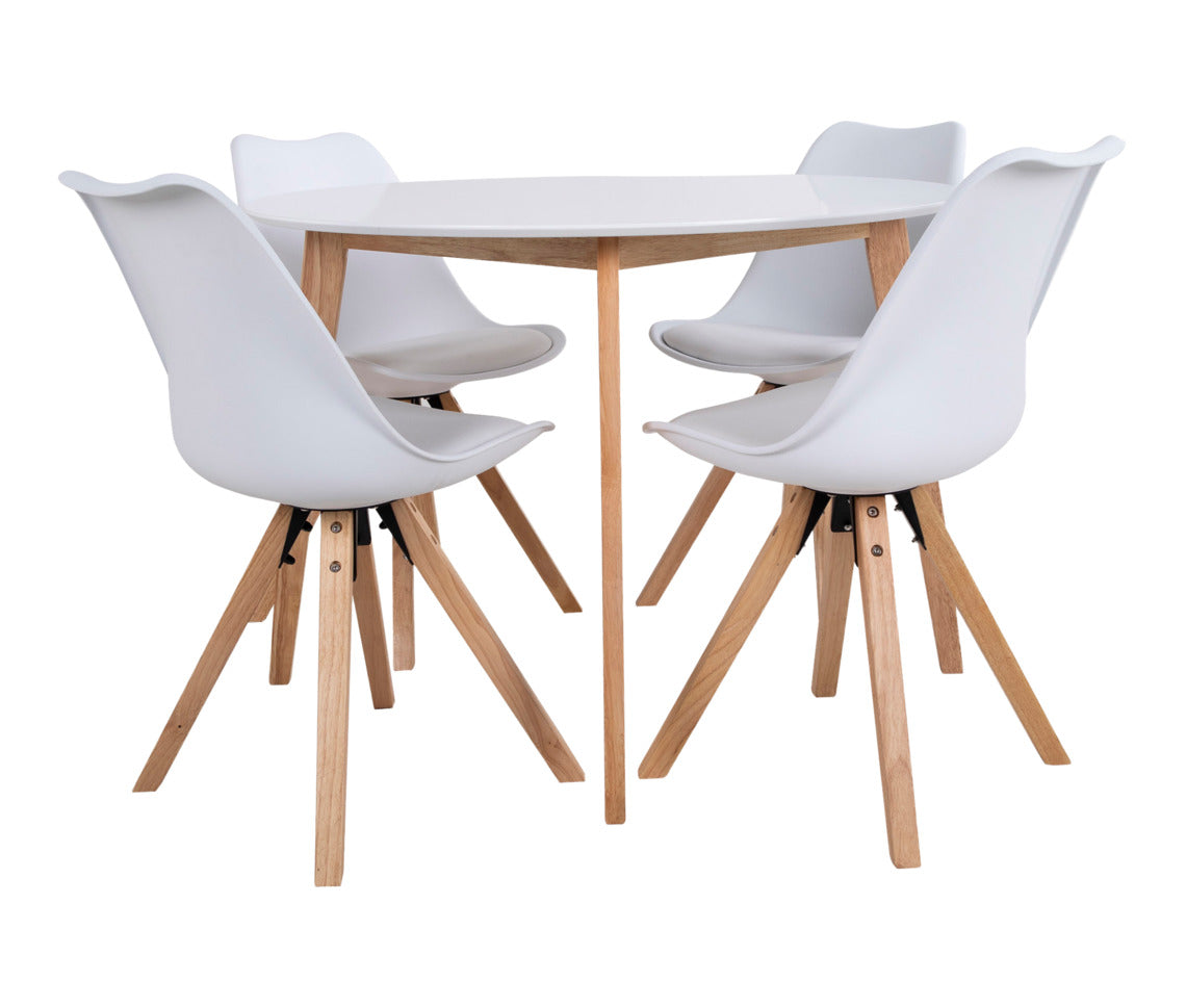 Pyöreä Rimini/Roma-ruokailuryhmä on neljän hengen pöytäryhmä, jossa yhdistyvät kevytilmeinen Rimini-ruokapöytä ja Roma-kuppituolit. Kuvassa valkoinen/puunvärinen pöytäryhmä.