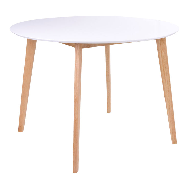 Pyöreän Rimini-ruokapöydän kannen halkaisija on 105 cm. Kuvassa valkoinen/puunvärinen pöytä.