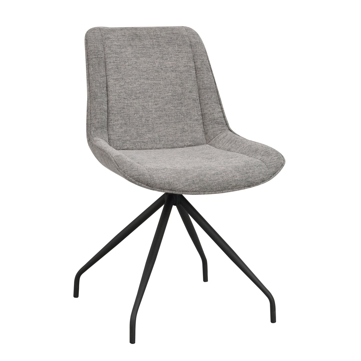 Rossport-tuoli harmaalla kangasverhoilulla. 180 astetta kääntyvässä tuolissa on mustat pulverimaalatut metallijalat.