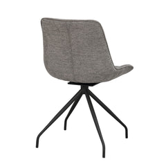 Rossport-tuoli harmaalla kangasverhoilulla. 180 astetta kääntyvässä tuolissa on mustat pulverimaalatut metallijalat.