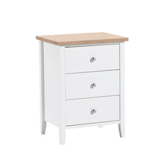 Valkoinen Saara-sarjan 3-laatikkoinen lipasto tammenvärisellä kansilevyllä.