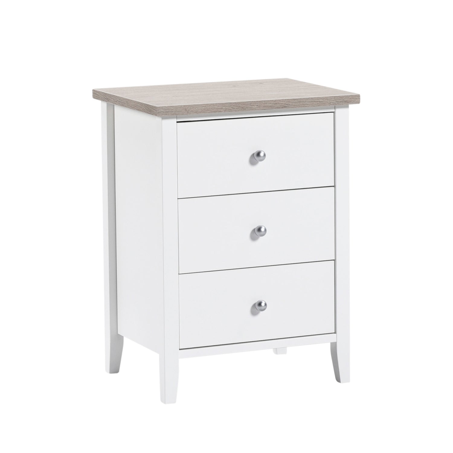 Valkoinen Saara-sarjan 3-laatikkoinen lipasto valkosaarninvärisellä kansilevyllä.