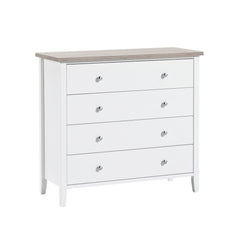 Valkoinen Saara-sarjan 4-laatikkoinen leveä lipasto valkosaarninvärisellä kansilevyllä.